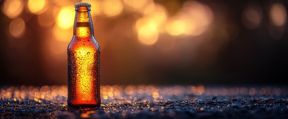 Wall Mural - Cold beer bottle on a ground at sunset.