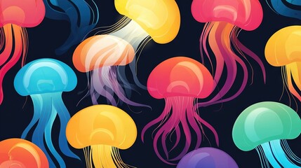 Wall Mural -   A cluster of vibrant jellyfish gliding atop a deep, navy ocean bottom adorned with rainbow-hued jellyfish