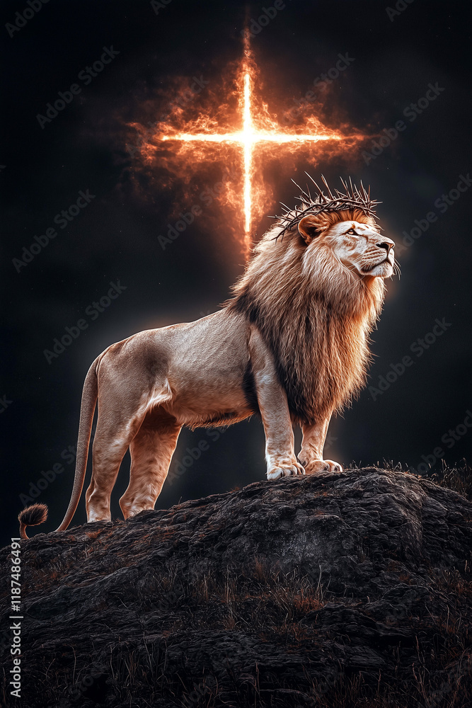 Fotografia do Stock Majestic Lion with Crown of Thorns Under