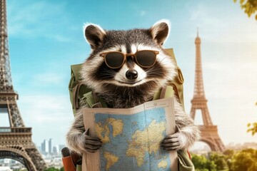 Aufkleber - Raccoon exploring iconic world landmarks with a map and backpack in a vibrant urban setting. Generative AI