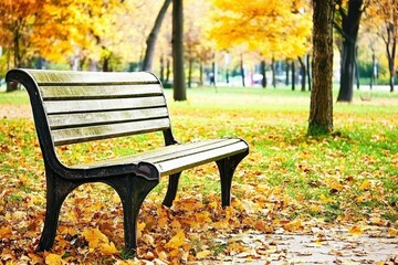 Wall Mural - Autumn Leaves in Park: A tranquil park scene with trees in vibrant fall colors, leaves scattered on the ground, and a lone bench