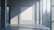 © Isolated studio - Modern Gallery Mockup: A sleek and minimalist gallery space with a large blank canvas on a concrete wall, bathed in warm natural light streaming through panoramic windows.