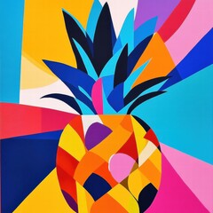 Aufkleber - Colorful pineapple design showcases abstract geometric shapes in vibrant hues and bold patterns. Generative AI