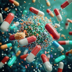 Poster - Bacteria surrounded by pills illustrates the advancements in medical science and the fight against infectious diseases. Generative AI