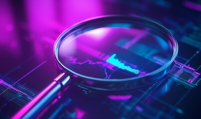 Data analysis, search engine optimization or SEO. magnifier, charts, graphs. ultraviolet and neon screen.