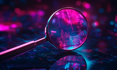 Data analysis, search engine optimization or SEO. magnifier, charts, graphs. ultraviolet and neon screen.