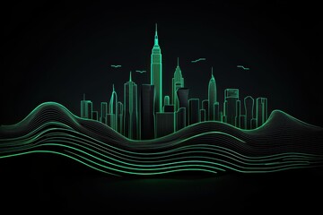 Wall Mural - Abstract Green Neon Cityscape Skyline at Night with Wavy Lines