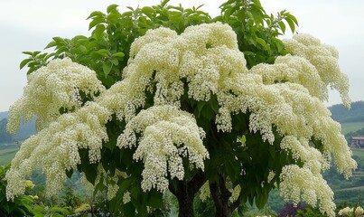 Wall Mural - Elderberry tree covered in white blooms and lush leaves, woodland ambiance , outdoor photography, flower-filled branches