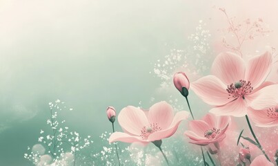 Wall Mural - Gradient pink and green abstract background with blooming flowers, calming, pink