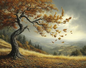 Wall Mural - Captivating Autumn Landscape with Majestic Old Tree on Rolling Hills, Golden Leaves in Wind, and Serene Woodland Valley Under Dramatic Cloudy Sky