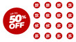 © AlexPhotoStock - Special offer discount on red rounded tags with different value percent off 90, 85, 80, 75, 70, 65, 60, 55, 50, 45, 40, 35, 30, 25, 20, 15, 10 percentage price reduction label. Sale offer emblem set.