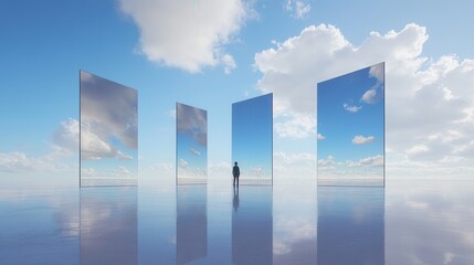 Wall Mural - 3d sky with clouds, minimalistic style, floating mirror cubes on the horizon, symmetrical compositio