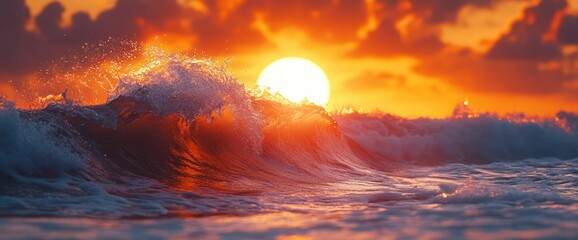 Wall Mural - Dramatic ocean wave crashing during a vibrant sunset.