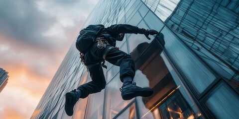 Wall Mural - action shot of a model climbing a modern skyscraper facade in lightweight techwear featuring a motio