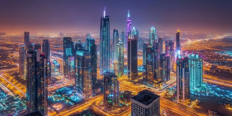 Wall Mural - city lights at night aerial view of a vibrant cityscape at night, with skyscrapers and flowing traff