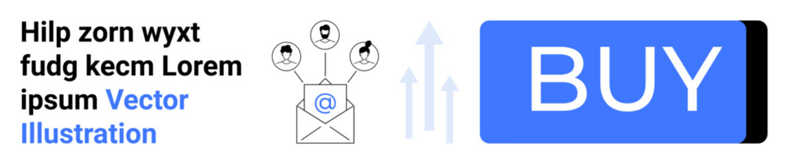 Email envelope with user icons, social media connections, and large BUY button. Ideal for marketing, e-commerce, communication, social media, customer engagement, online shopping, web development