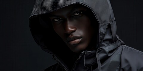 Wall Mural - Close-up of a model dressed in a hooded techwear windbreaker with carbon-fiber accents and integrated zippers layered over a breathable base shirt studio lighting enhances the garment's texture 