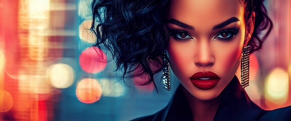 Close-up portrait of a glamorous woman with dark curly hair, red lipstick, and elegant earrings, set against a blurred city lights background.