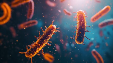 Poster - Swirling bacteria and microbes navigate through vibrant liquid environment filled with light. Generative AI