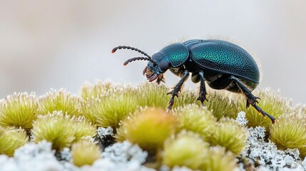 Wall Mural -   A detailed image of a beetle perched on a plant, with snow covering its back and a slightly out-of-focus background