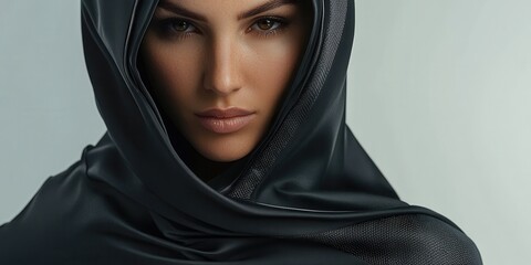 Wall Mural - Close-up of a model wearing a matte black tactical poncho with reflective piping paired with a seamless scarf featuring nano-fabric textures studio lighting creates soft shadows for a clean look 