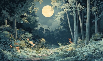 Wall Mural - Moonlight filtering through the forest canopy, undergrowth, woodlands, trees