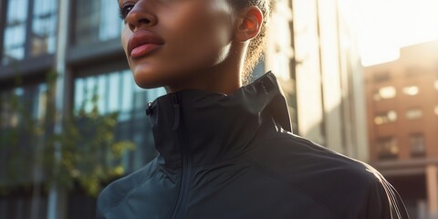 Wall Mural - Close-up of a model wearing an asymmetrical high-collar windbreaker with waterproof nanofabric textures illuminated by soft daylight in a minimalist urban courtyard 
