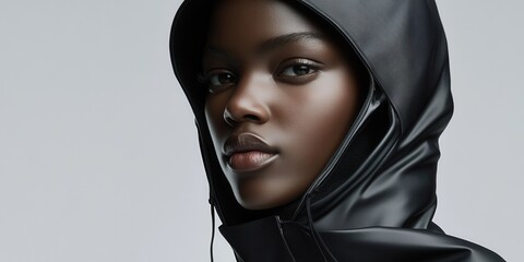 Wall Mural - Close-up of a model wearing a seamless hooded jacket with integrated reflective strips and magnetic fasteners, styled with a simple turtleneck underneath. 