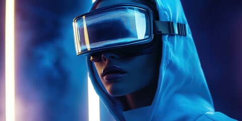 Wall Mural - Close-up of a model wearing augmented reality goggles with holographic display paired with a seamless high-tech hoodie featuring breathable fabric and magnetic closures