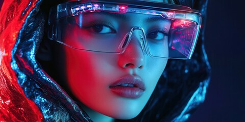 Wall Mural - Close-up of a model wearing augmented reality glasses paired with a matte black hooded jacket featuring integrated LED trims and reflective details 