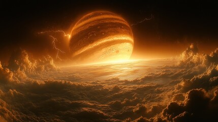 Wall Mural - Fiery gas giant planet rising over a cloudy horizon, dramatic lighting and atmospheric storm.