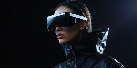Wall Mural - Close-up of a model wearing futuristic augmented reality glasses paired with a matte black windproof jacket featuring asymmetrical magnetic fasteners lit with a single spotlight 