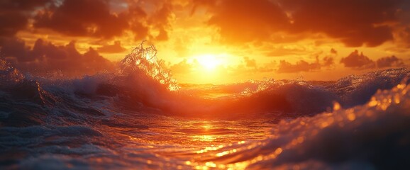 Wall Mural - Fiery sunset over ocean waves.