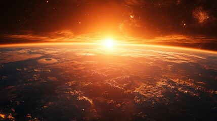 Wall Mural - Fiery sunrise over Earth, seen from space, showing atmospheric details and sunlight.