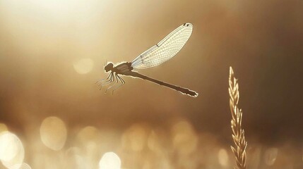 Wall Mural -   Dragonfly on grass, sun shining