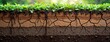 © Pete - Panorama of soil layers cross section. Roots penetrate various soil types. Visible layers show earth structure. Plants grow on top soil. Dry earth areas deep cracks. Natural environment. Natural