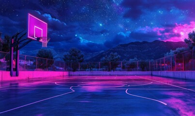 Wall Mural - Neon Lit Basketball Court Under A Starry Night Sky