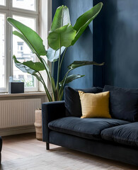 Wall Mural - A stylish living room featuring a dark sofa, decorative pillow, and a large indoor plant.