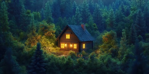 Wall Mural - cozy cabin illuminated at twilight surrounded by dense evergreen forest, 3d illustration.
