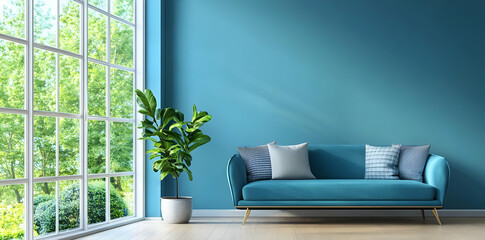 Wall Mural - A serene living room with a blue wall, cozy couch, and a decorative plant by a large window.