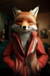 © KP - A stylized fox character wearing a shiny jacket stands confidently, blending animal traits with a human-like appearance in a cozy indoor setting.