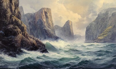 Wall Mural - Rugged coastline with smooth wavy sea and towering boulders, morning, mist, waves