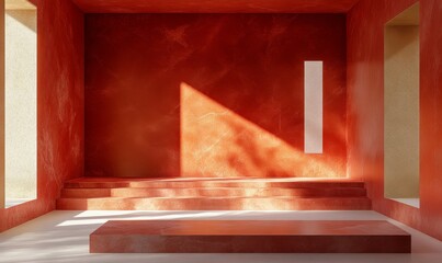 Canvas Print - Red Room with Platform and Sunlight