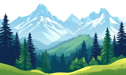 Sticker - Rolling hills of forest covering mountain slopes with towering peaks, woodland environments, forests, trees