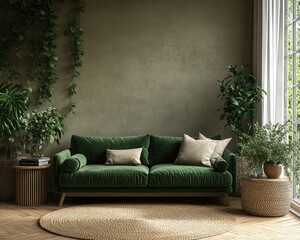 Cozy Living Room with Deep Green Velvet Sofa and Scandinavian Decor