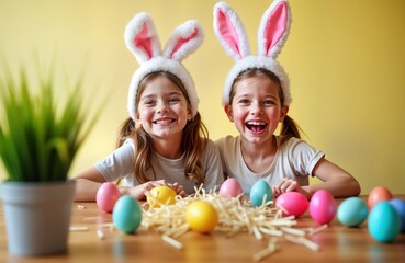 Two happy girls in bunny ears play with colorful Easter eggs at home. Laughing, fun. Nest of straw with colorful eggs surrounds. Springtime celebration indoors. Family tradition, spring holiday