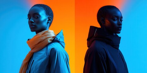 Wall Mural - Half-body portrait of a model wearing a slim-fit windbreaker with nano-fabric textures and integrated motion sensors paired with a minimalist scarf 