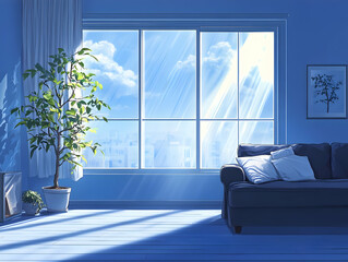 Wall Mural - A serene indoor scene featuring a couch, plant, and a bright window with clouds outside.