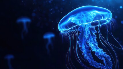 Wall Mural - Glowing blue jellyfish underwater, dark background, ocean life.