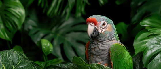 Close-up of a vibrant green and red parrot perched amongst lush tropical foliage